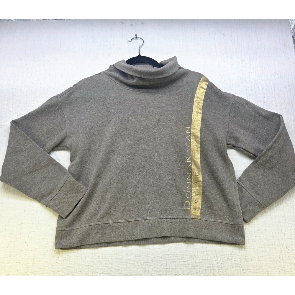 Donna Karan Active Womens Small Taupe Gold Foil Stripe Turtleneck Sweatshirt